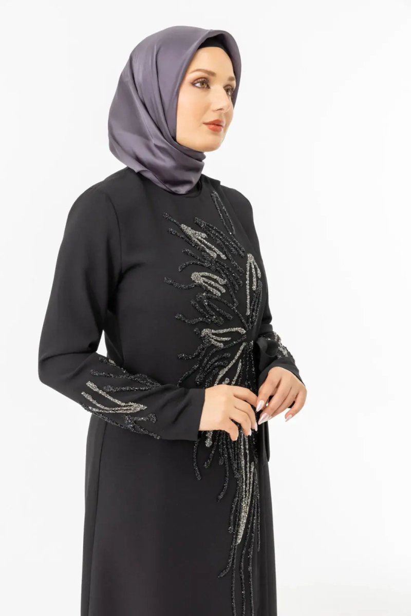 Black Double - Breasted Tie - Up Abaya with Stone Embellishments Zerenay 5503 - 25 - ihvan