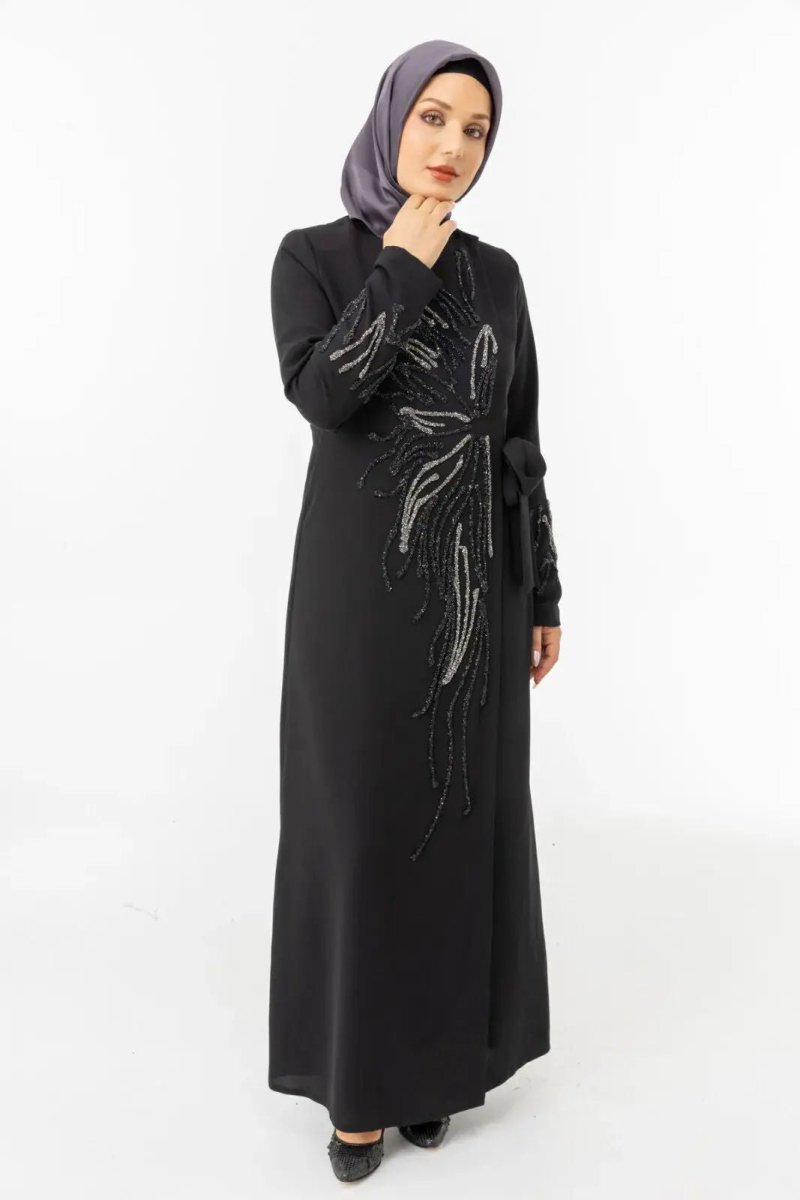 Black Double - Breasted Tie - Up Abaya with Stone Embellishments Zerenay 5503 - 25 - ihvan
