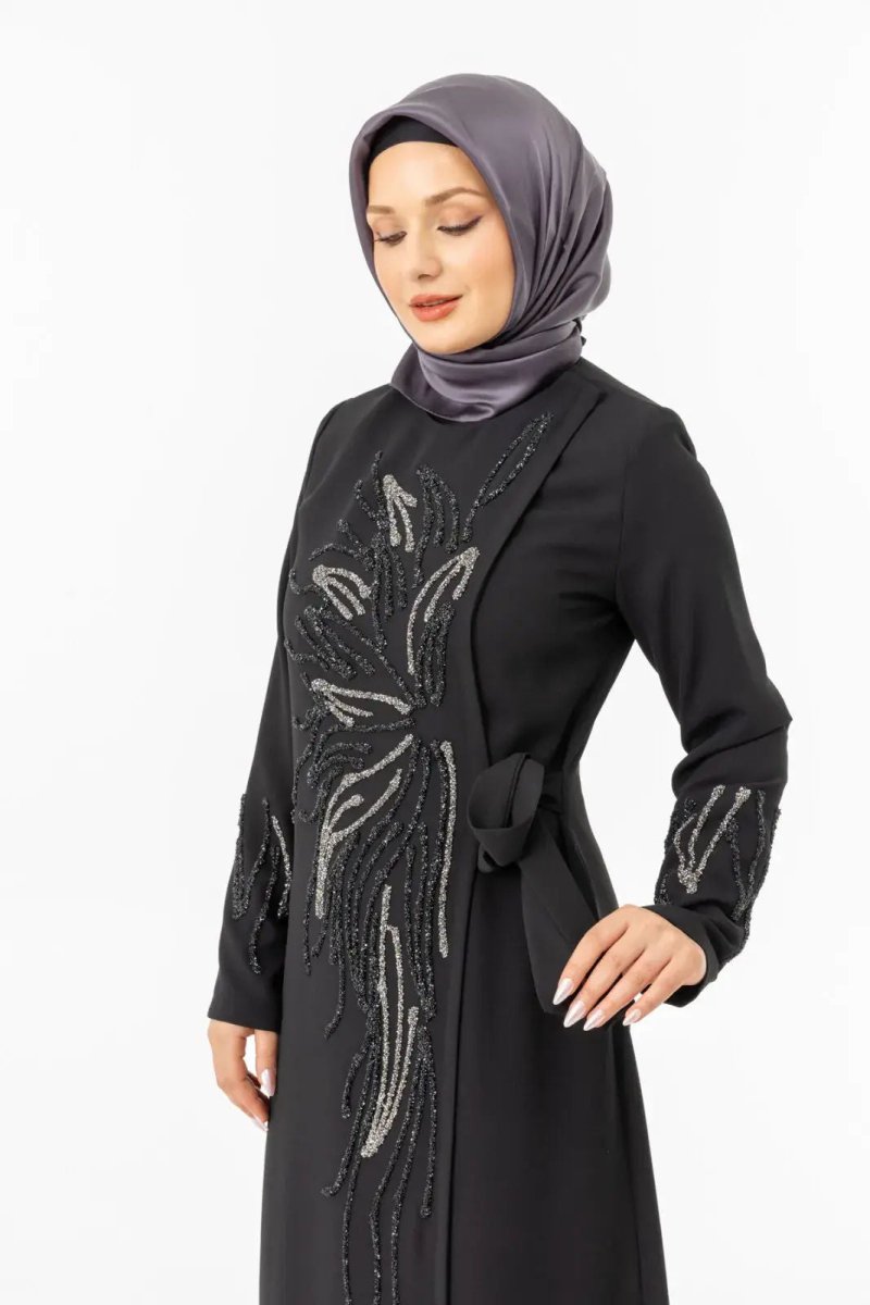 Black Double - Breasted Tie - Up Abaya with Stone Embellishments Zerenay 5503 - 25 - ihvan