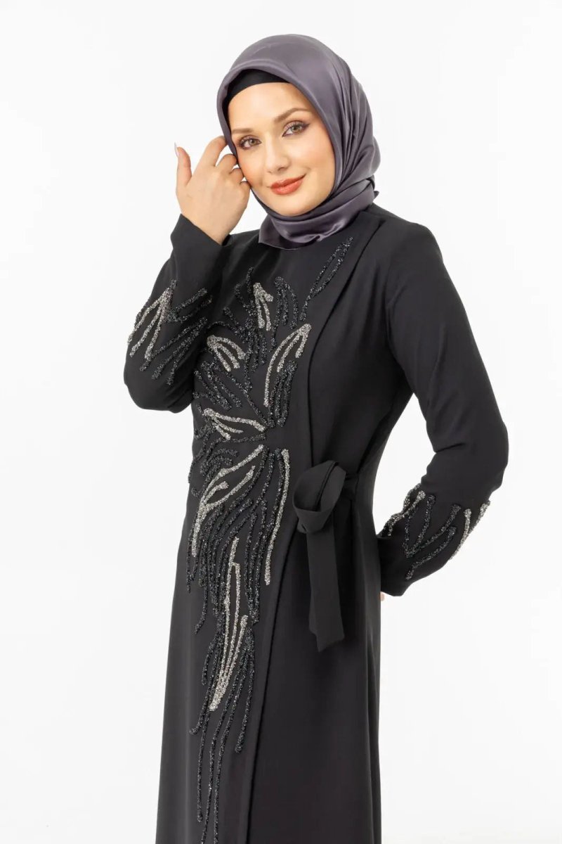 Black Double - Breasted Tie - Up Abaya with Stone Embellishments Zerenay 5503 - 25 - ihvan
