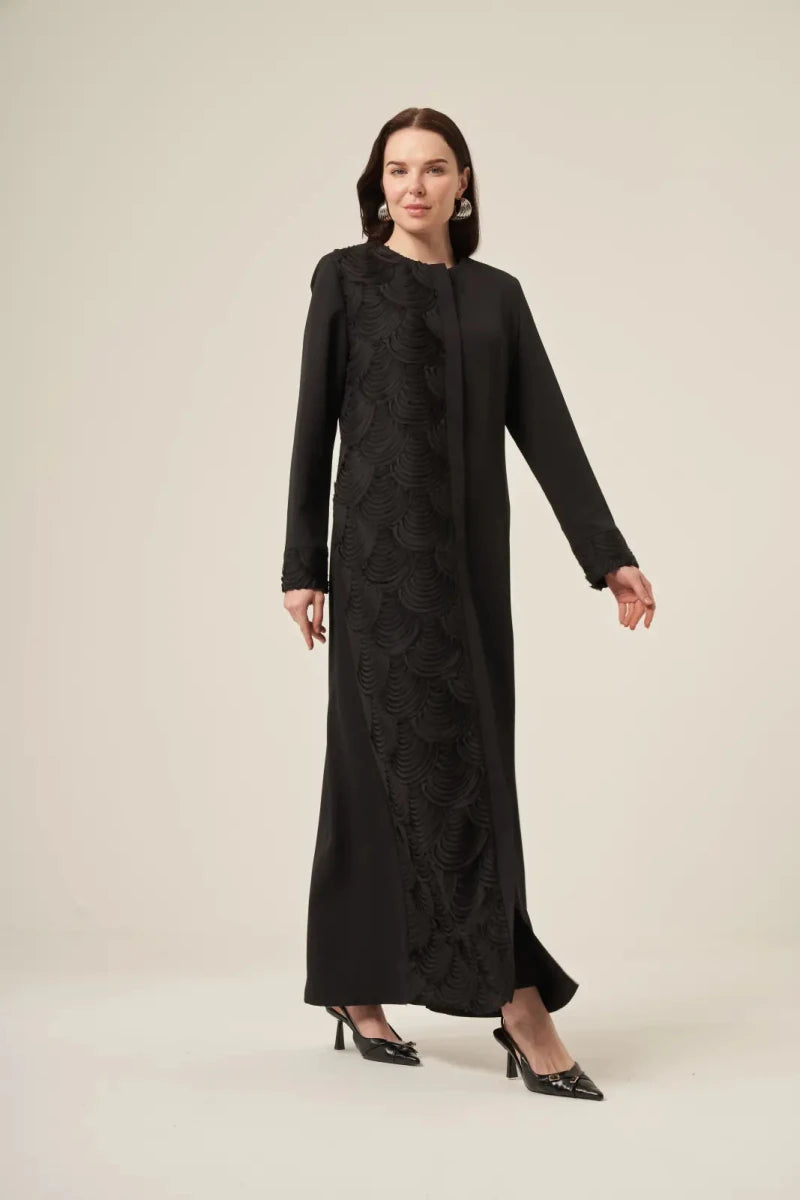 Black Dubai Silk Burned Fabric Patterned Hijab Abaya with Hidden Zipper - 6170 Black - ihvan