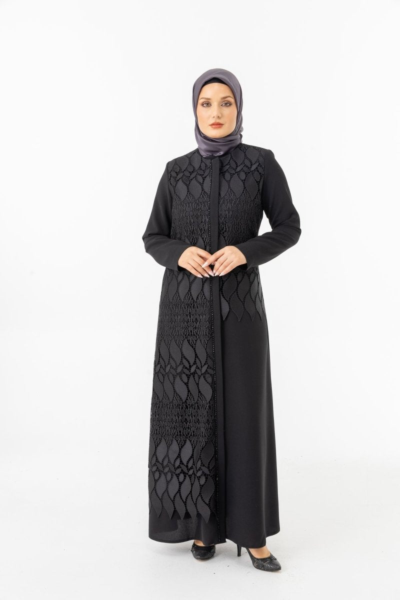 Black Guipure Hijab Abaya with Concealed Zipper ZRNY 5508 - 25 - ihvan