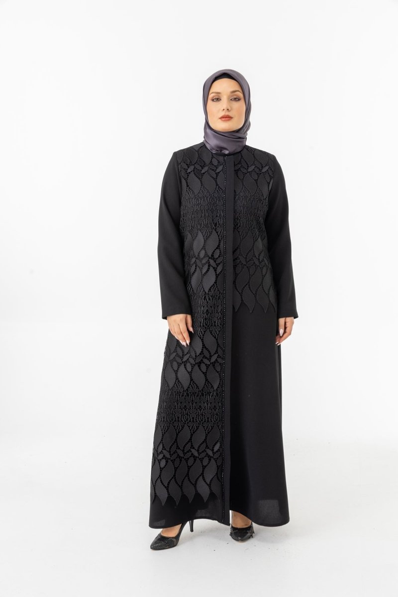 Black Guipure Hijab Abaya with Concealed Zipper ZRNY 5508 - 25 - ihvan