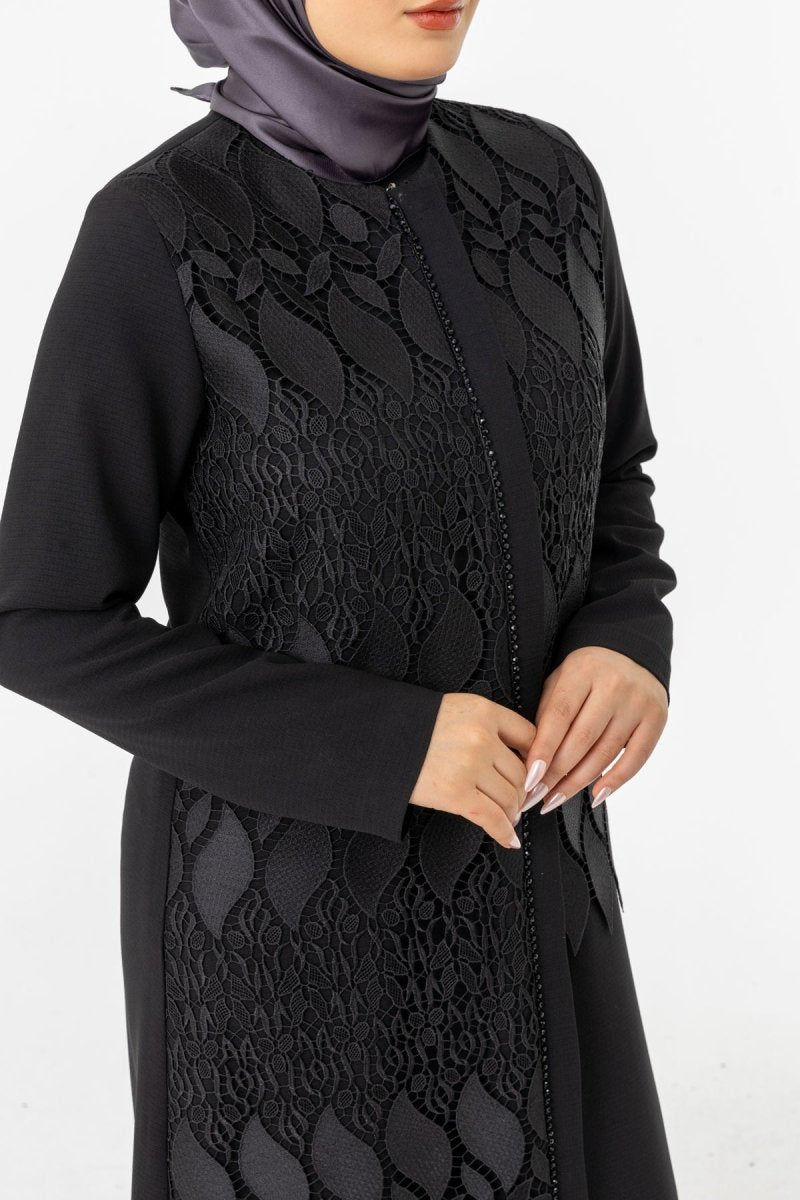 Black Guipure Hijab Abaya with Concealed Zipper ZRNY 5508 - 25 - ihvan