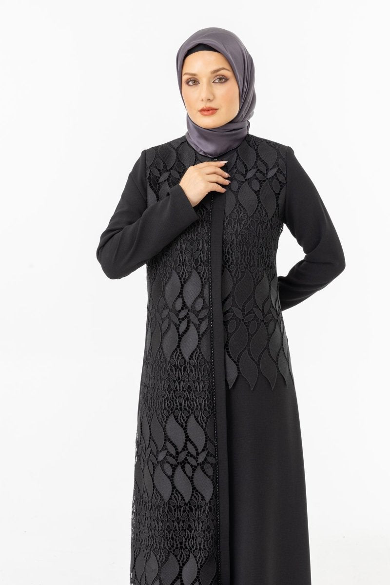 Black Guipure Hijab Abaya with Concealed Zipper ZRNY 5508 - 25 - ihvan