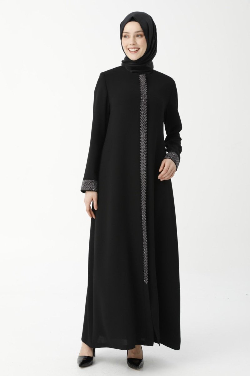 Black Herringbone Embroidered Mother's Abaya 9378-22 - ihvan