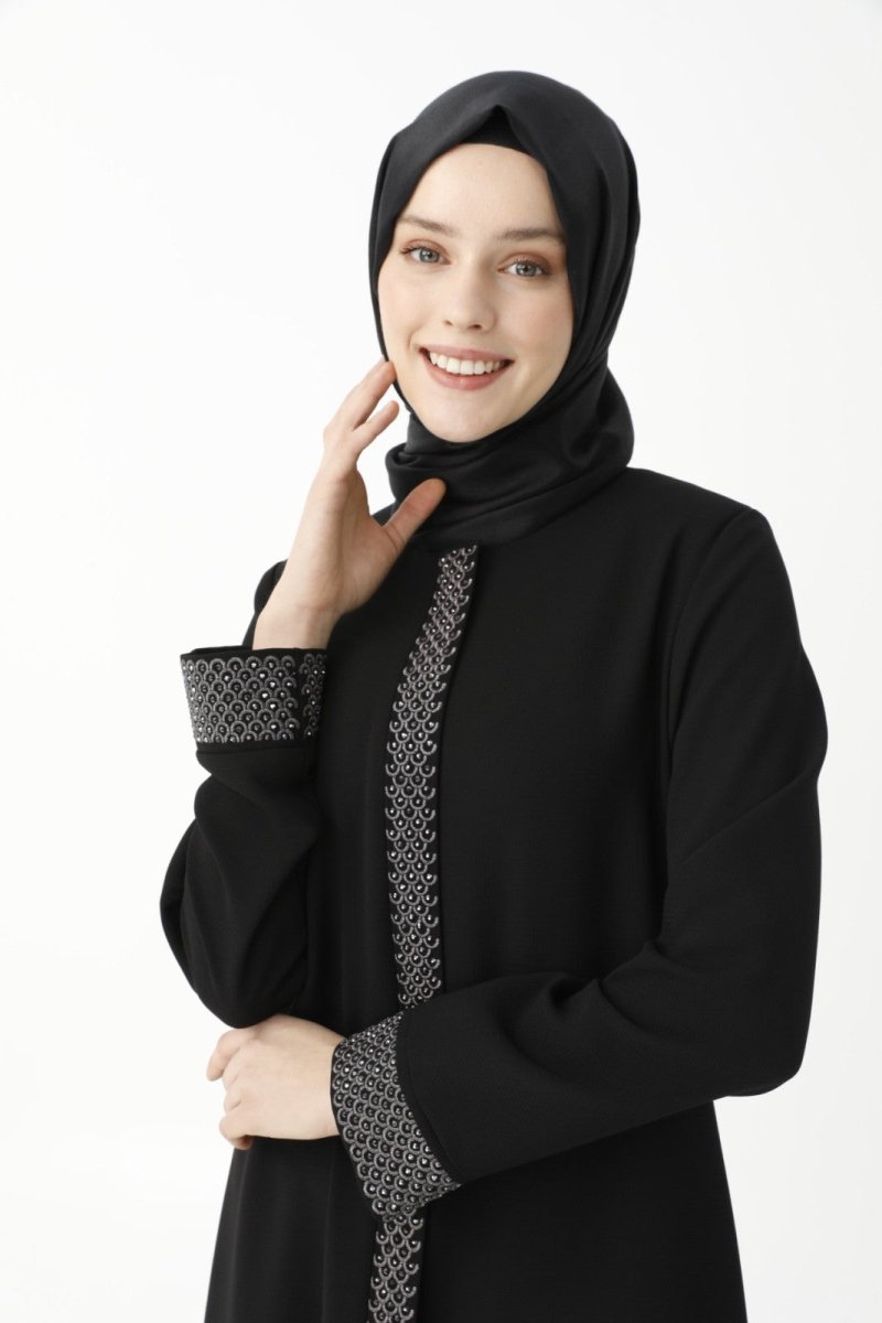 Black Herringbone Embroidered Mother's Abaya 9378-22 - ihvan