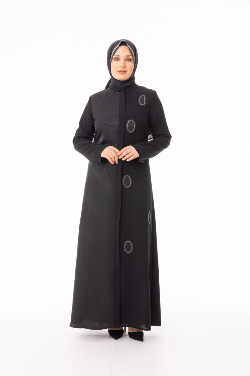 Black Hijab Abaya - Jacquard and Oval Stone Embellished, Plus Size, Zerenay 5629 - 26 - ihvan