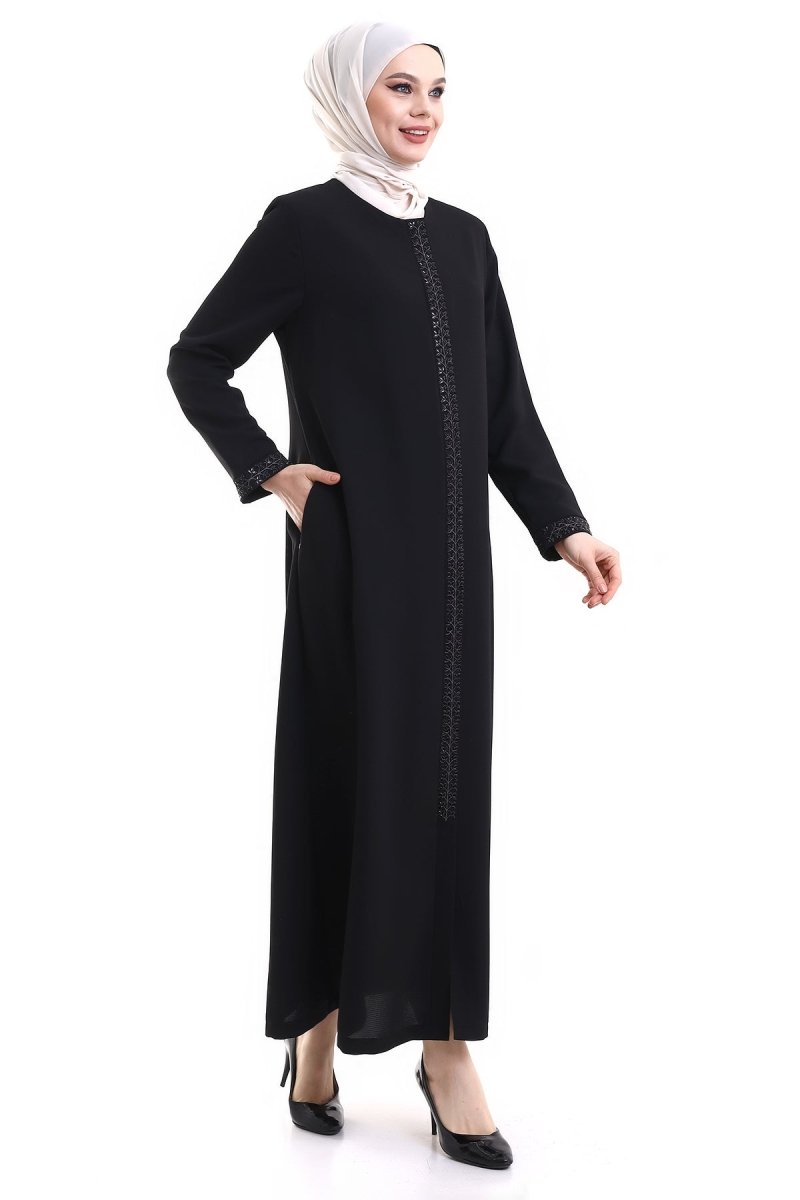Black Hijab Abaya with Concealed Zipper and Crystal Stone Details 23302 - ihvan
