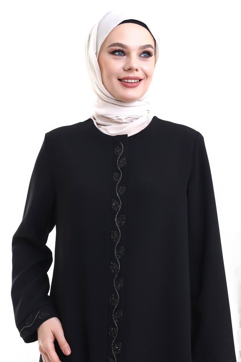 Black Hijab Abaya with Concealed Zipper and Crystal Stone Details 23378 - ihvan