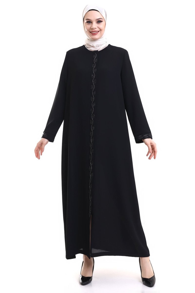 Black Hijab Abaya with Concealed Zipper and Crystal Stone Details 23378 - ihvan