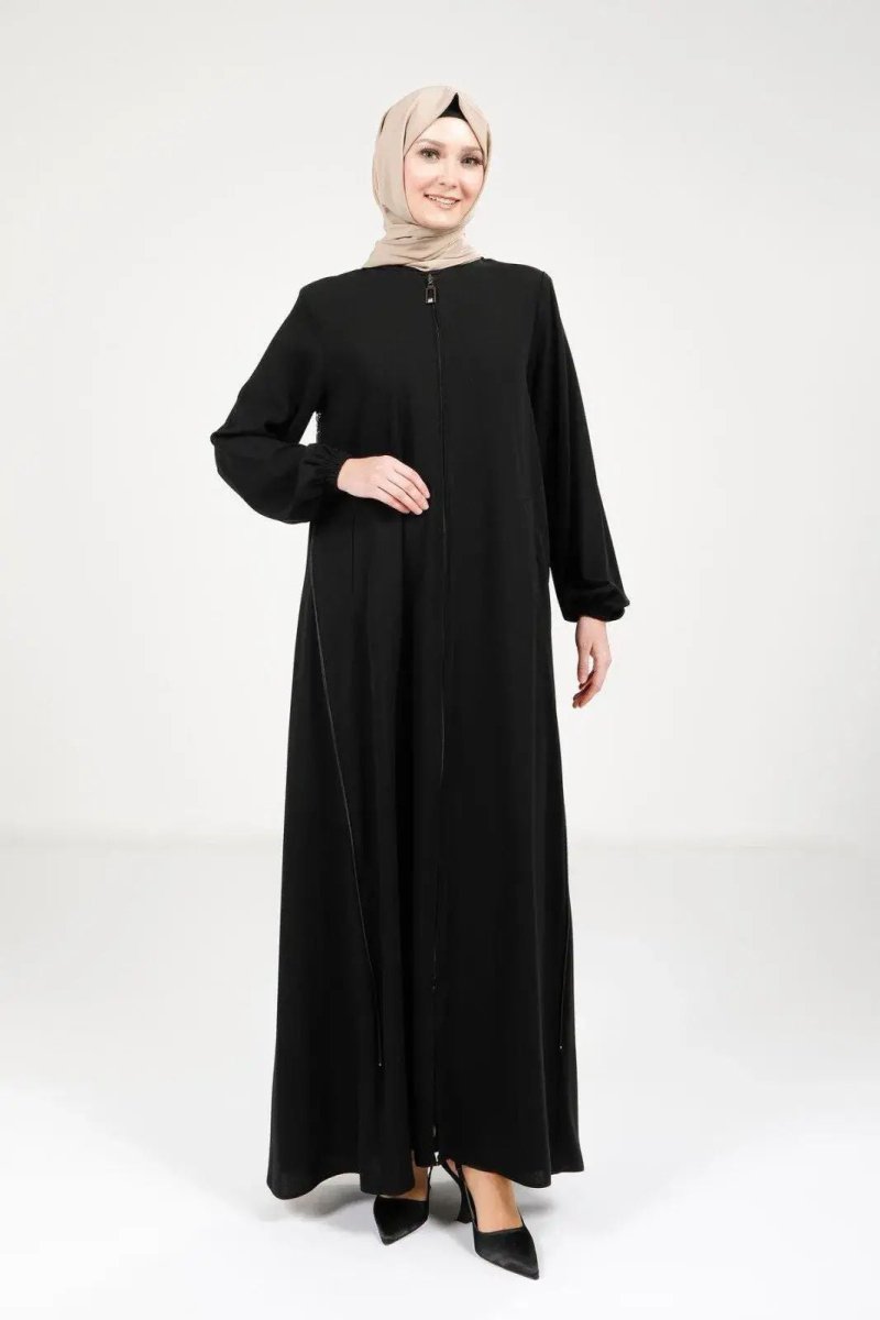 Black Hijab Abaya with Front Zipper, Adjustable Side Zipper Detail, Front Pockets, 9326 - 25 - ihvan