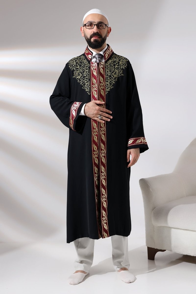 Black Mandarin Collar Men's Prayer Robe with Striped Embroidery - Imam Robe - ihvan