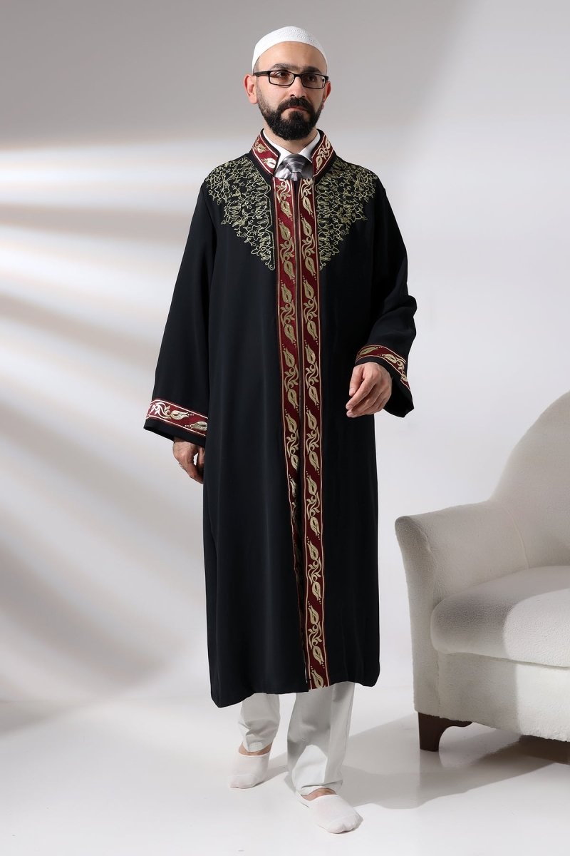 Black Mandarin Collar Men's Prayer Robe with Striped Embroidery - Imam Robe - ihvan