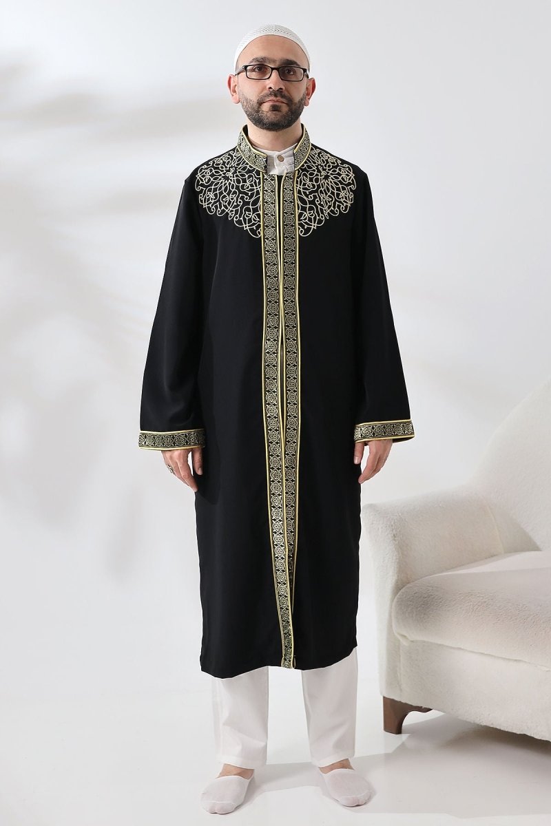 Black Mandarin Collar Men's Prayer Robe with Striped Embroidery - Imam Robe - ihvan