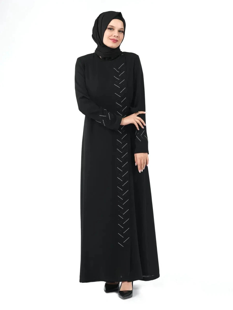 Black One-Piece Zippered Tie-Up Hijab Abaya with Stone Details 24209 - ihvan