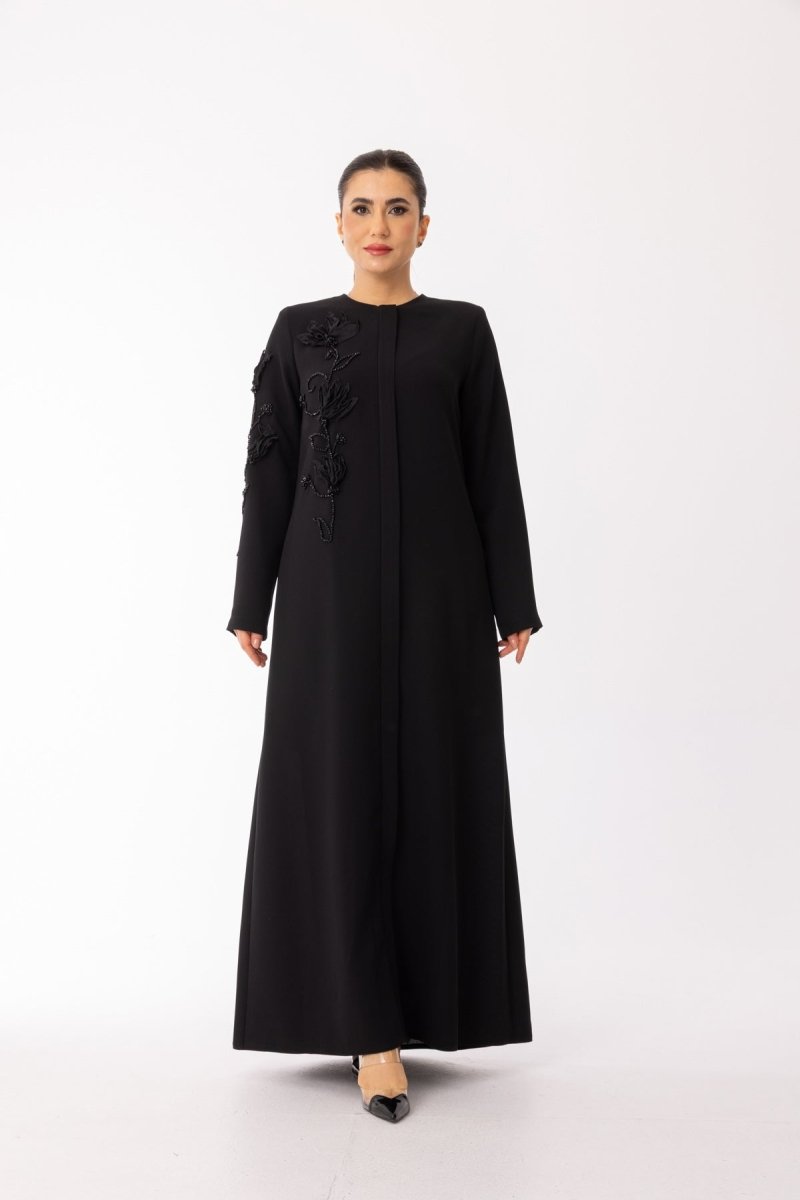 Black Rose Embossed Hijab Coat - Plus Size Full Length Abaya Zerenay 5605 - 25 - ihvan