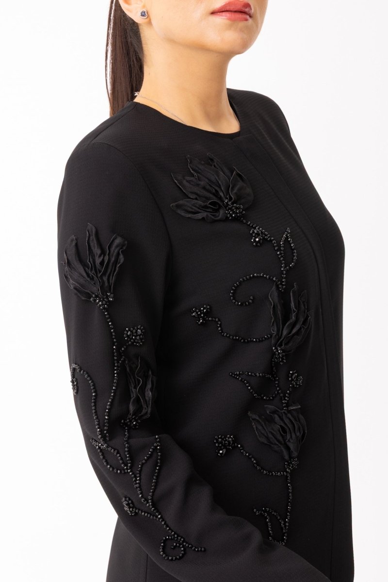Black Rose Embossed Hijab Coat - Plus Size Full Length Abaya Zerenay 5605 - 25 - ihvan