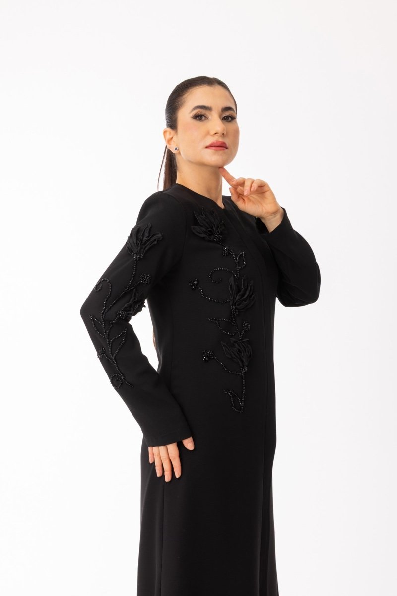 Black Rose Embossed Hijab Coat - Plus Size Full Length Abaya Zerenay 5605 - 25 - ihvan