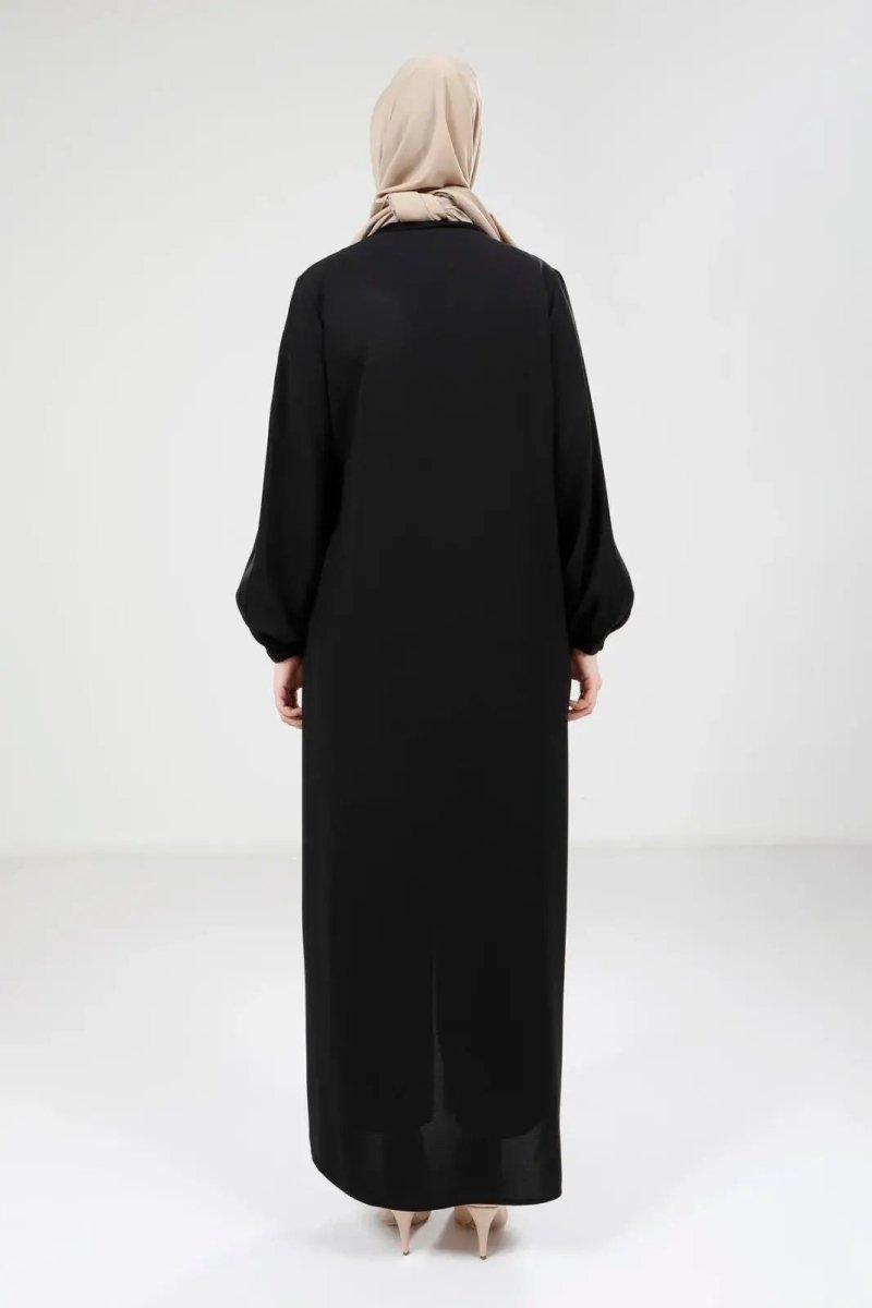 Black Satin Trimmed Zippered Round Neck Hijab Abaya 9203 - 25 - ihvan