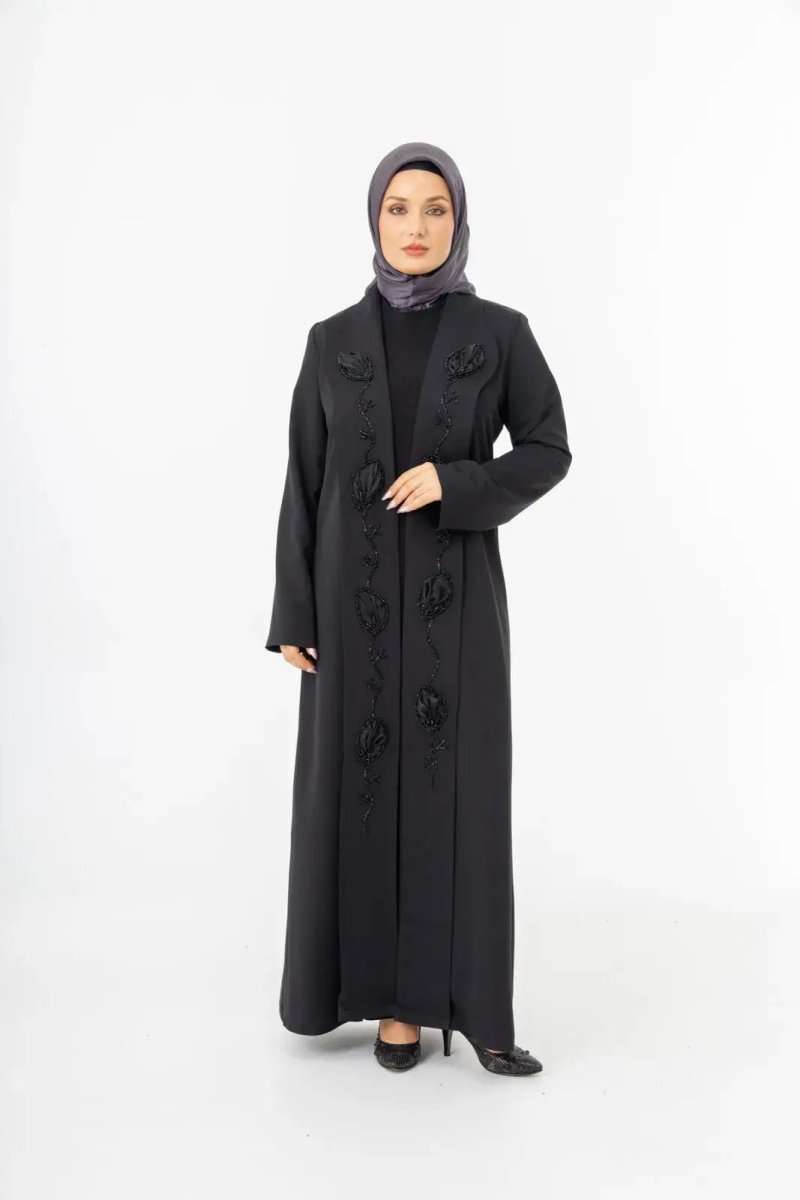 Black Shawl Collar Hand Embroidered Two - Piece Abaya 5514 - 25 - ihvan