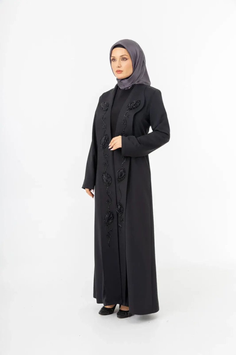 Black Shawl Collar Hand Embroidered Two - Piece Abaya 5514 - 25 - ihvan