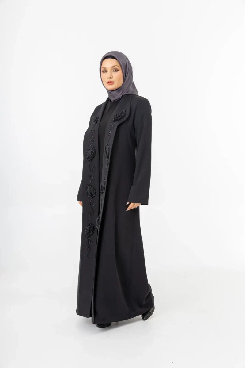 Black Shawl Collar Hand Embroidered Two - Piece Abaya 5514 - 25 - ihvan