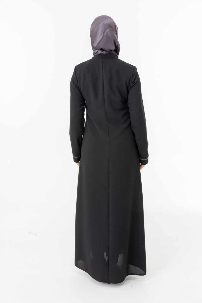 Black Single - Sided Jacquard Mandarin Collar Hidden Zipper Modest Abaya ZRNY 5505 - 25 - ihvan