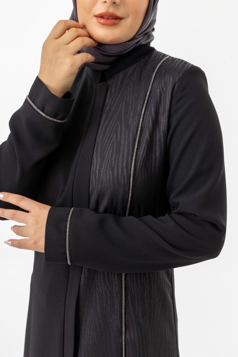 Black Single - Sided Jacquard Mandarin Collar Hidden Zipper Modest Abaya ZRNY 5505 - 25 - ihvan