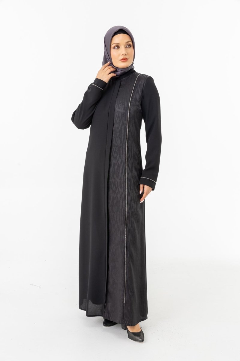 Black Single - Sided Jacquard Mandarin Collar Hidden Zipper Modest Abaya ZRNY 5505 - 25 - ihvan