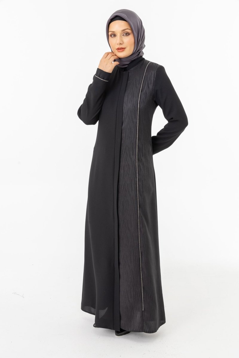 Black Single - Sided Jacquard Mandarin Collar Hidden Zipper Modest Abaya ZRNY 5505 - 25 - ihvan