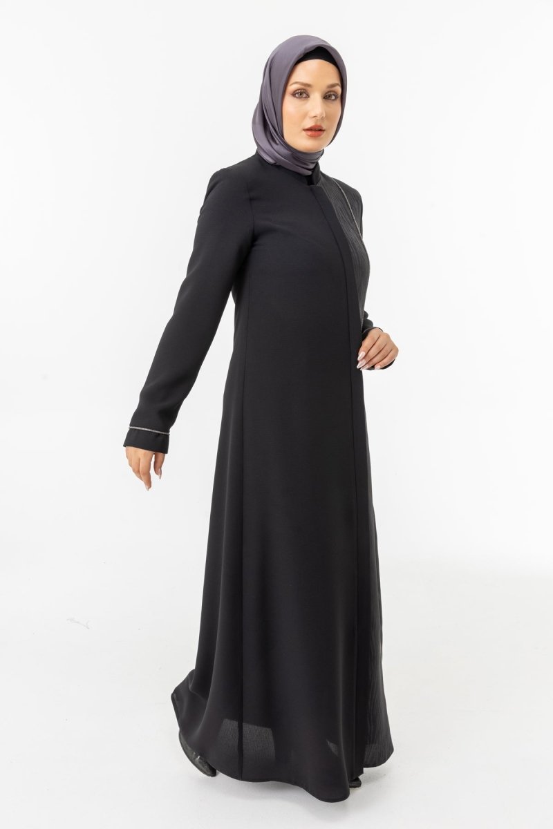 Black Single - Sided Jacquard Mandarin Collar Hidden Zipper Modest Abaya ZRNY 5505 - 25 - ihvan