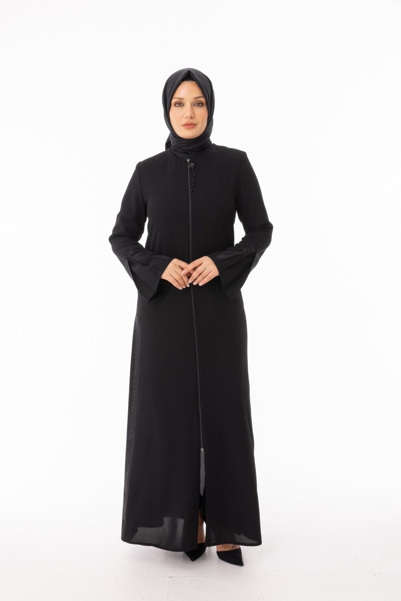 Black Stone Embellished Hijab Abaya - Pleated Sides and Sleeves Zerenay 5643 - 26 - ihvan
