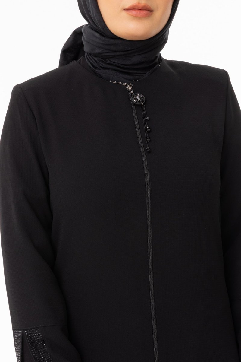 Black Stone Embellished Hijab Abaya - Pleated Sides and Sleeves Zerenay 5643 - 26 - ihvan
