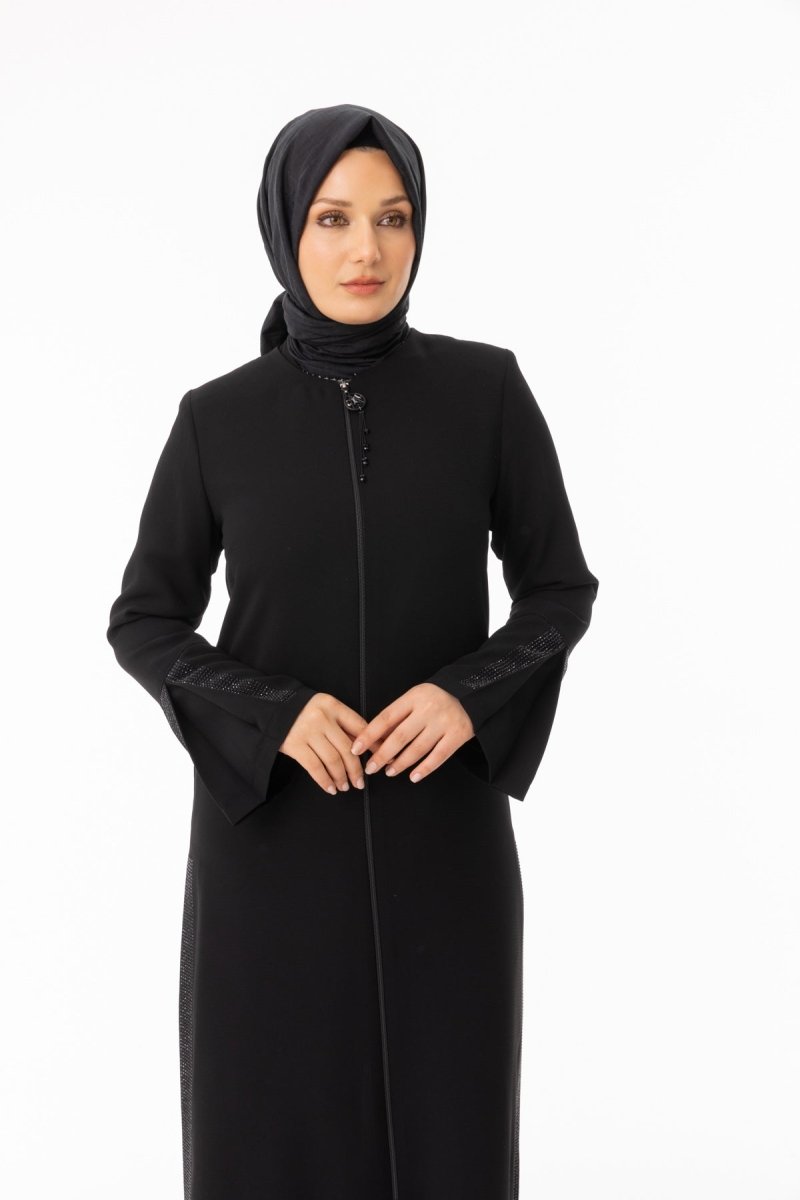 Black Stone Embellished Hijab Abaya - Pleated Sides and Sleeves Zerenay 5643 - 26 - ihvan