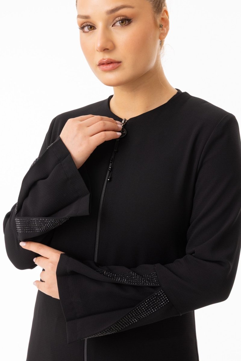 Black Stone Embellished Hijab Abaya - Pleated Sides and Sleeves Zerenay 5643 - 26 - ihvan