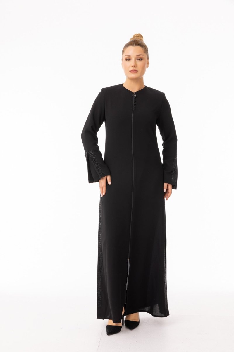 Black Stone Embellished Hijab Abaya - Pleated Sides and Sleeves Zerenay 5643 - 26 - ihvan