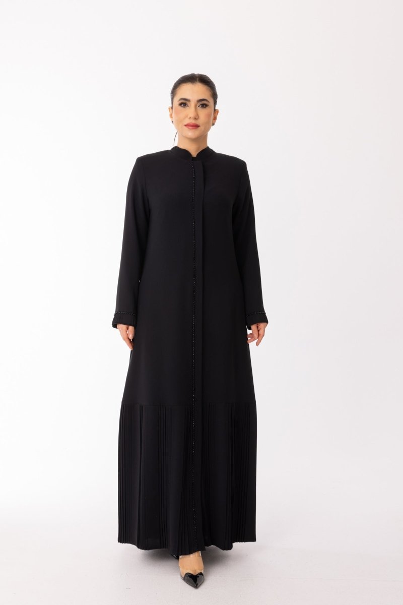 Black Stone Embellished Hijab Abaya - Pleated Skirt and Sleeve Cuff Abaya Zerenay 5627 - 26 - ihvan