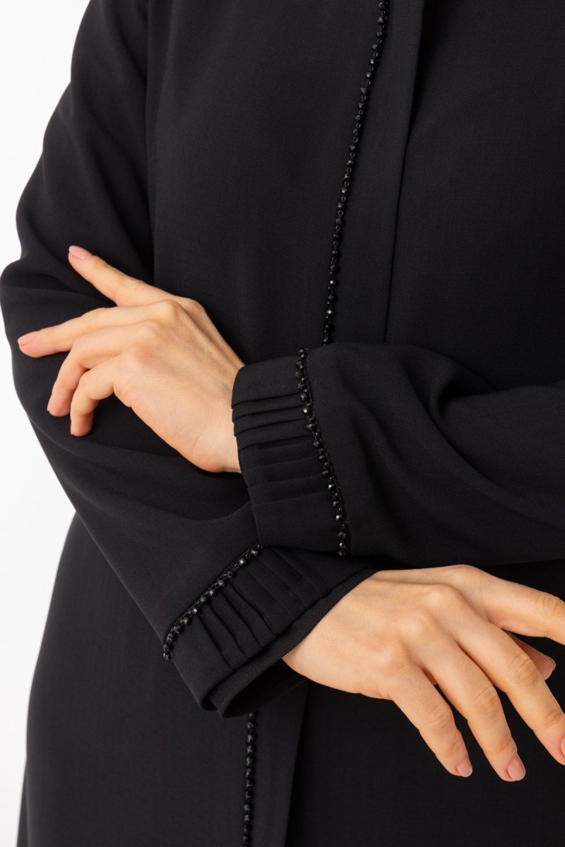 Black Stone Embellished Hijab Abaya - Pleated Skirt and Sleeve Cuff Abaya Zerenay 5627 - 26 - ihvan