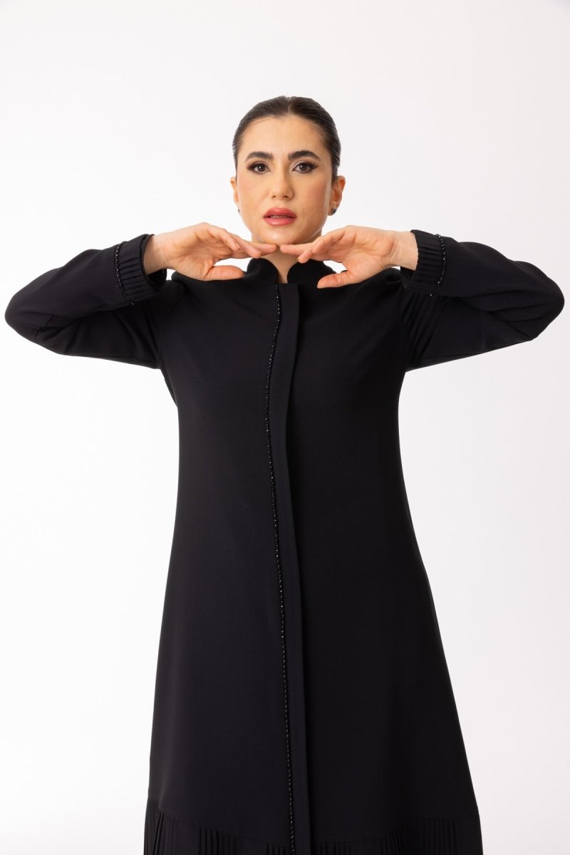 Black Stone Embellished Hijab Abaya - Pleated Skirt and Sleeve Cuff Abaya Zerenay 5627 - 26 - ihvan
