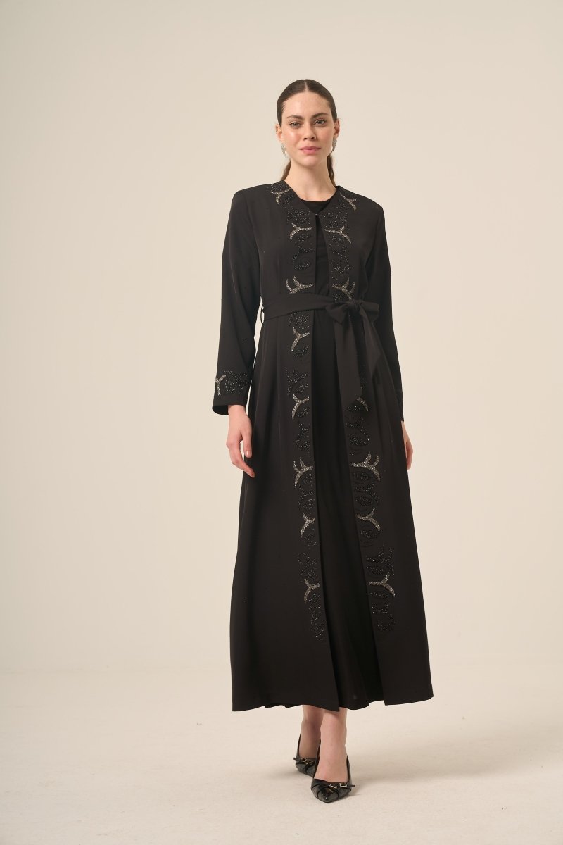 Black Two - Piece Abaya with Crystal Stone Details 6517 - 25 Black - ihvan