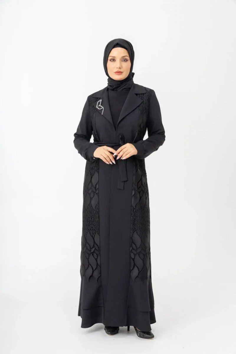 Black Two - Piece Lace Belted Abaya Zerenay 5509 - 25 - ihvan