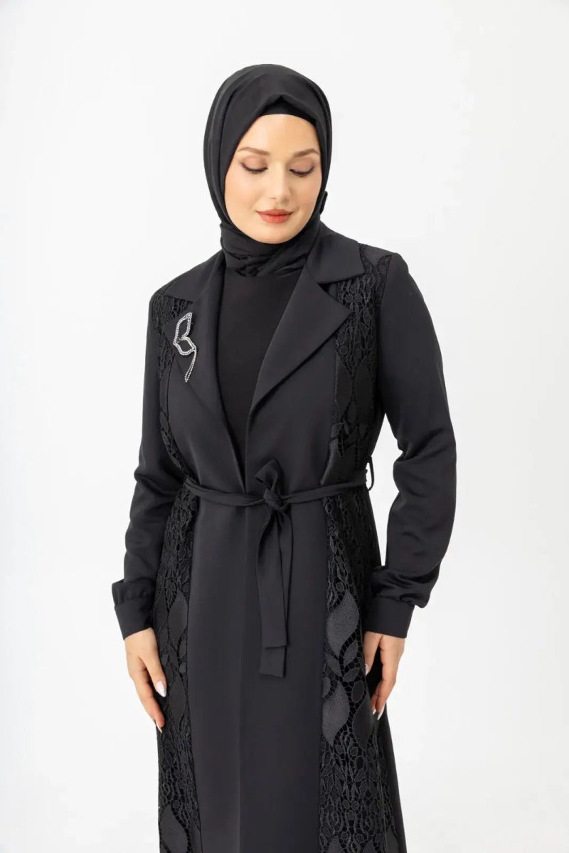 Black Two - Piece Lace Belted Abaya Zerenay 5509 - 25 - ihvan
