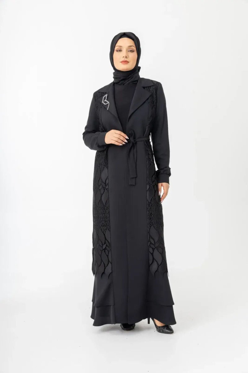 Black Two - Piece Lace Belted Abaya Zerenay 5509 - 25 - ihvan