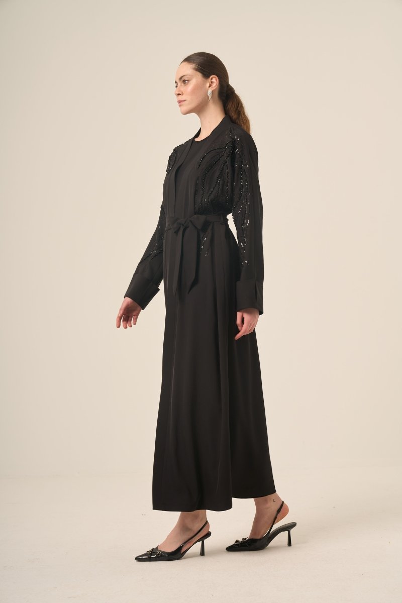 Black Two - Piece Raglan Sleeve Abaya with Crystal Embellishments and Detachable Belt 6520 - 25 Black - ihvan