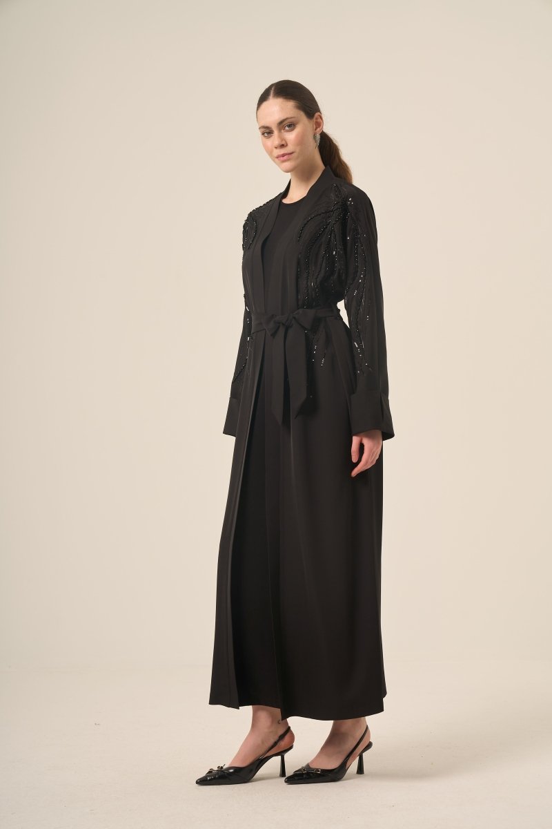 Black Two - Piece Raglan Sleeve Abaya with Crystal Embellishments and Detachable Belt 6520 - 25 Black - ihvan