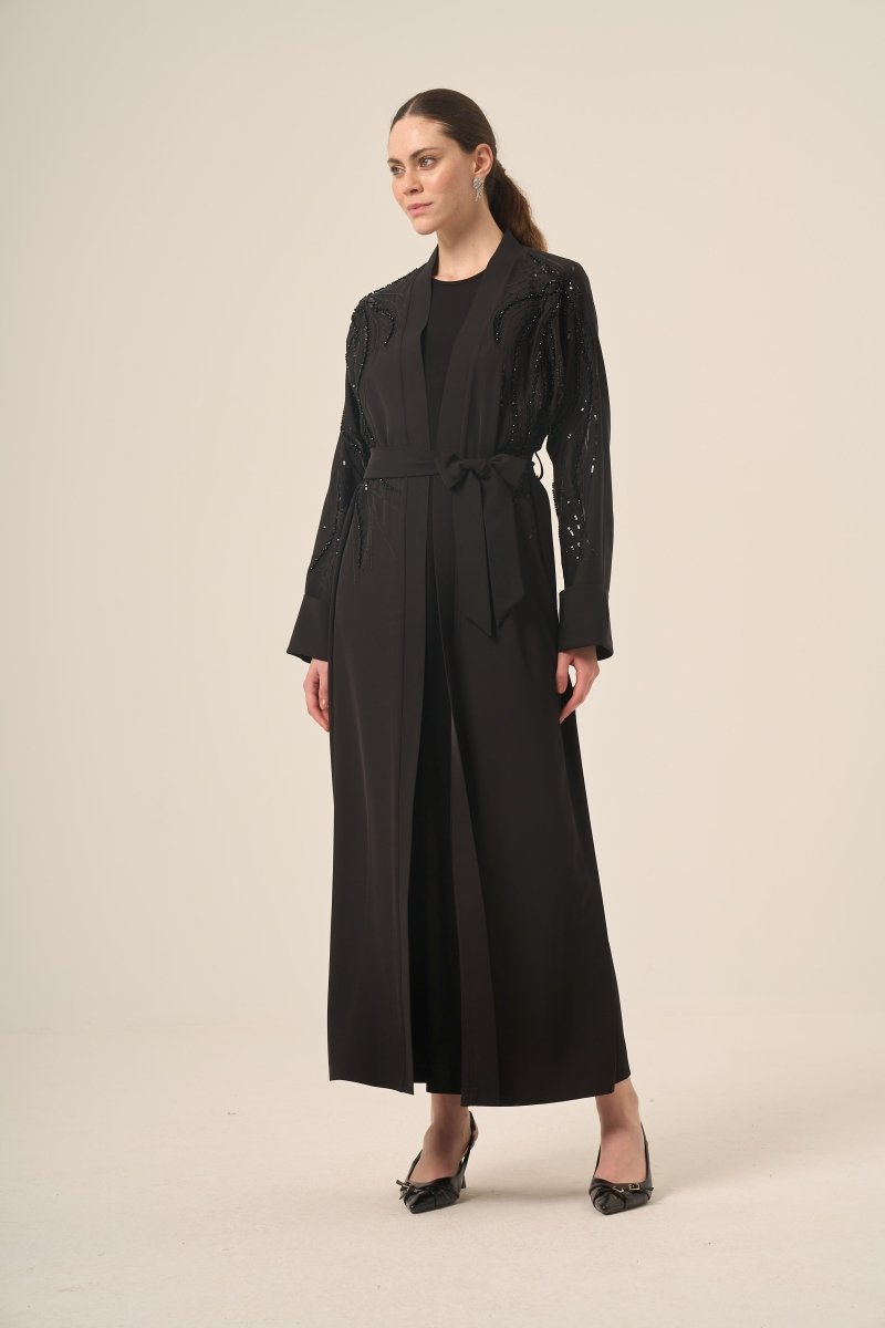 Black Two - Piece Raglan Sleeve Abaya with Crystal Embellishments and Detachable Belt 6520 - 25 Black - ihvan