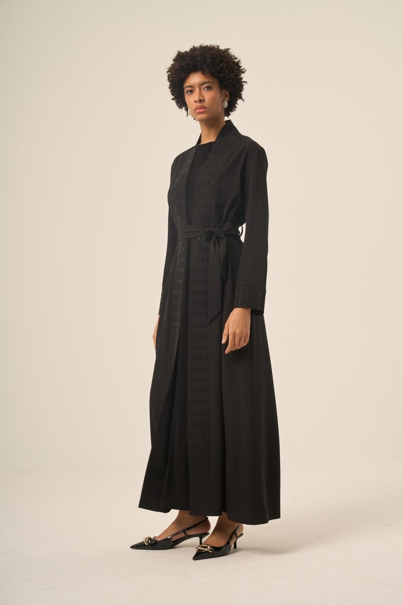 Black Two - Piece Square Abaya with Stone Embellishments and Detachable Belt - 6508 - 25 Black - ihvan