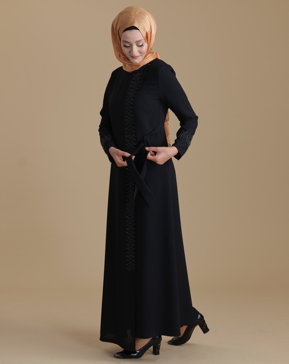 Black, wrap - around hijab abaya with inner zipper and crystal embellishments. - ihvan