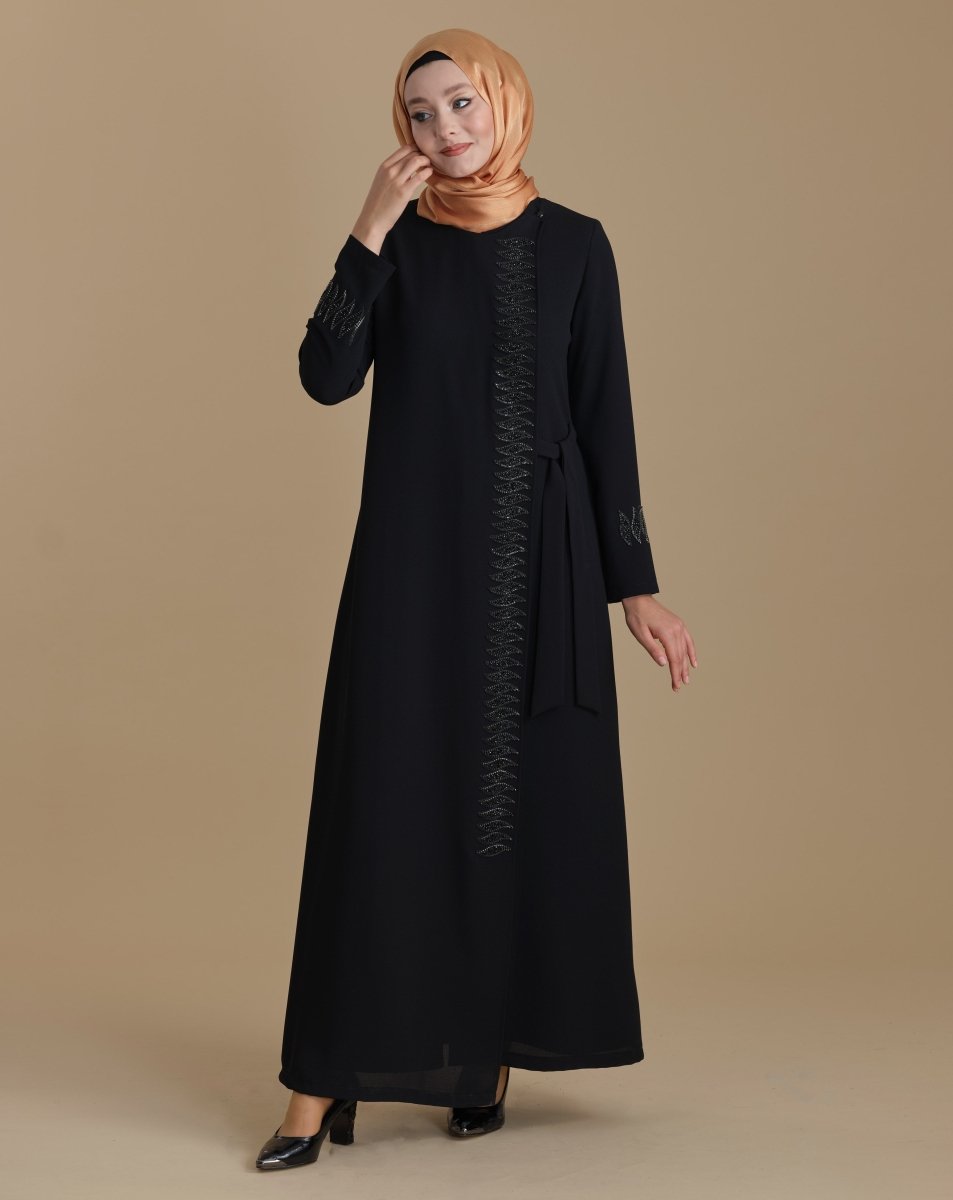 Black, wrap - around hijab abaya with inner zipper and crystal embellishments. - ihvan